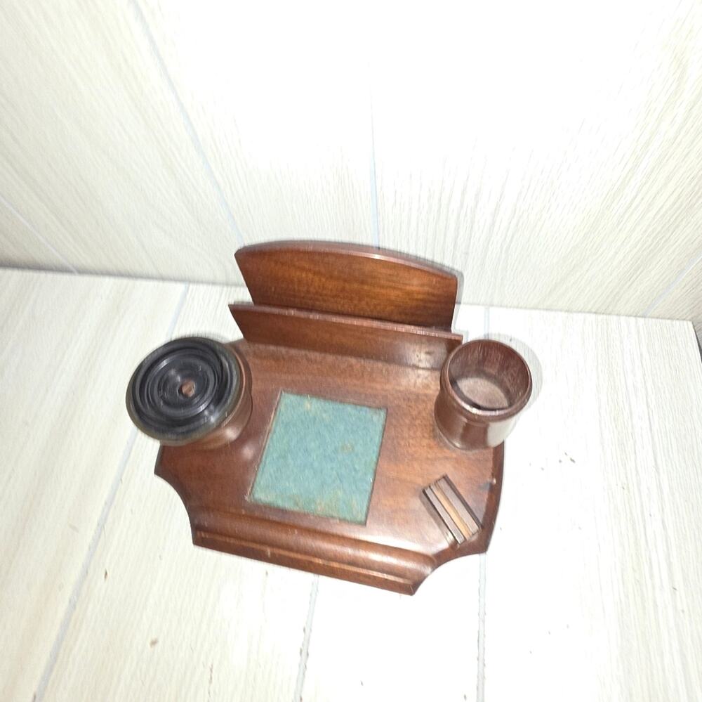 Vtg Antiqe 1920s? French Wooden French Desk Tidy Organizer Lided Ink Well Pen